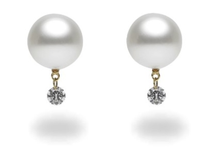 A pair of diamond and pearl earrings, available at Heller Jewelers.