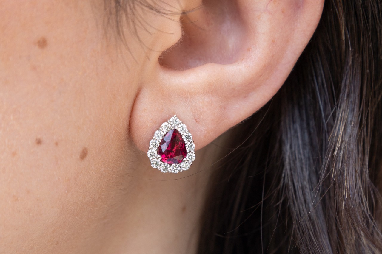 Ruby and diamond halo earrings from Heller Jewelers.