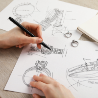 A persons hand with a pen is hovering over CAD designs of an engagement ring.